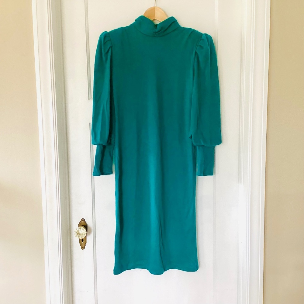 Benson & Smith Vtg 80s Emerald Green Sweater Dress sz 11 mock neck Bishop Sleeve